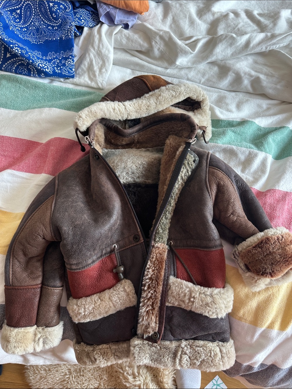 Kids Shearling-Lined Hooded Patchwork Jacket - Brown & Red MADE IN ITALY